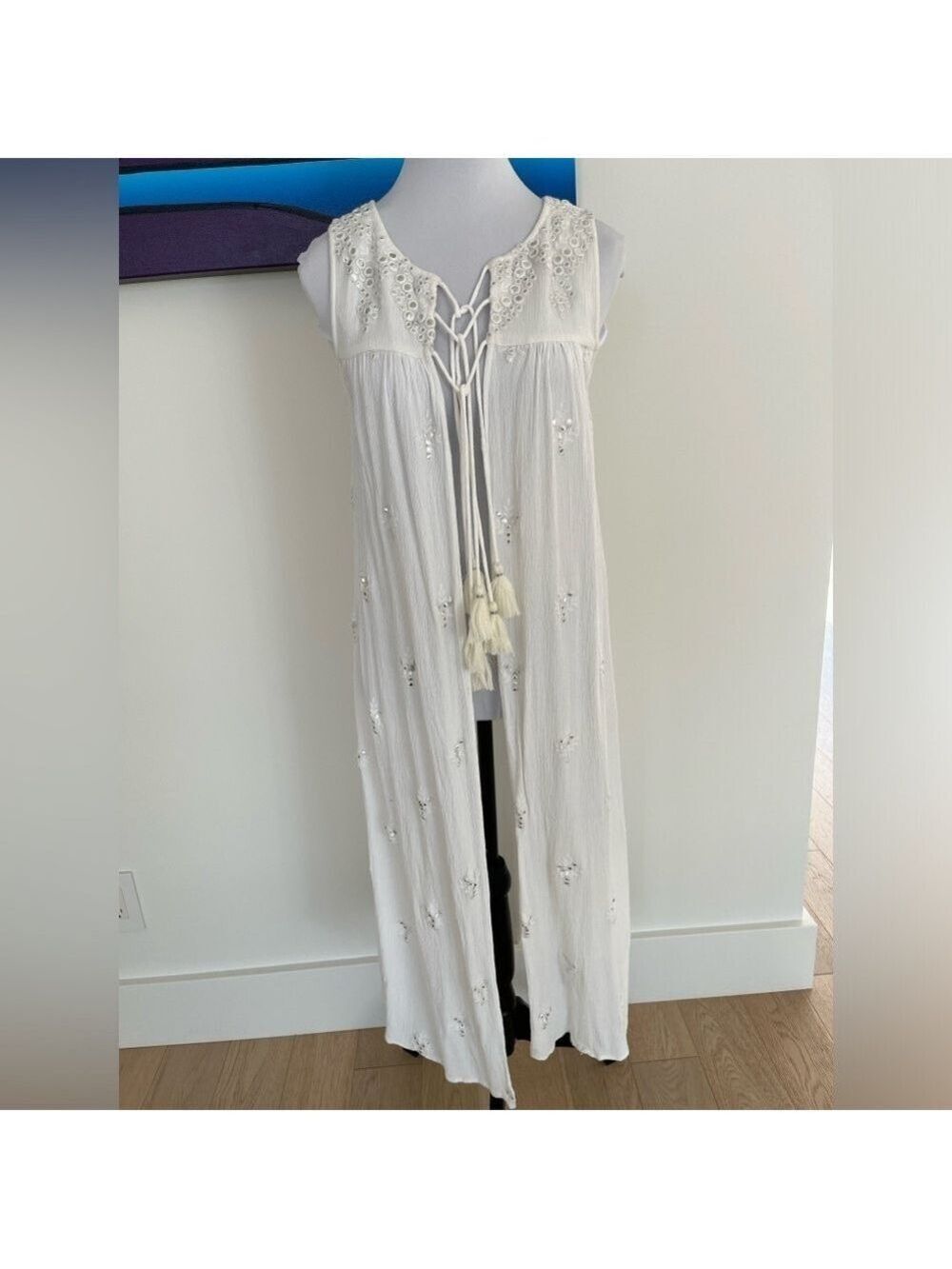 MINKAS Sleeveless Swimsuit Coverup Tassel Tie Front Silver Embellishment Duster